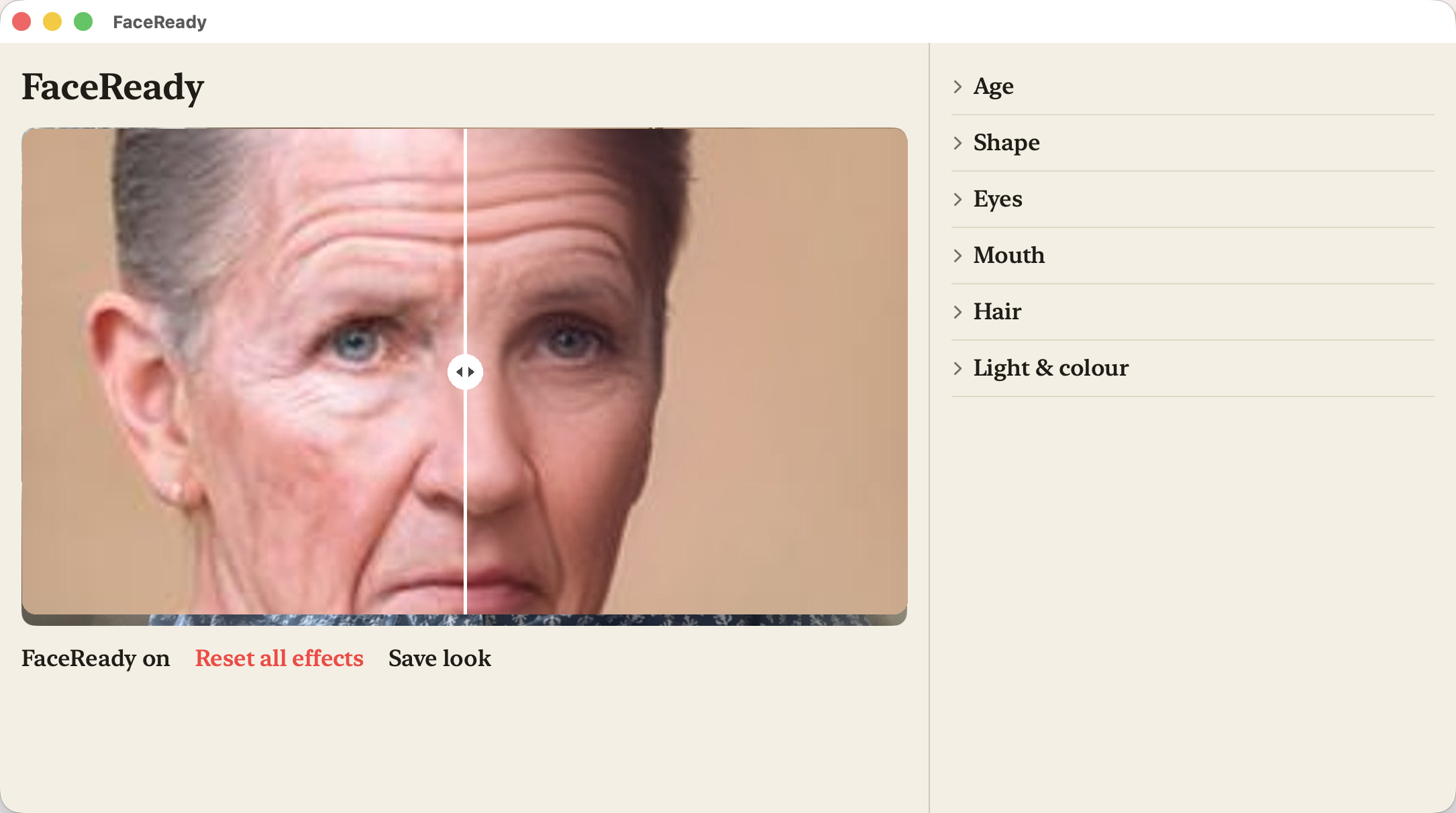The FaceReady app window: a live before/after of a face, with Age, Shape, Eyes, Mouth, Hair and Light & colour controls down the side