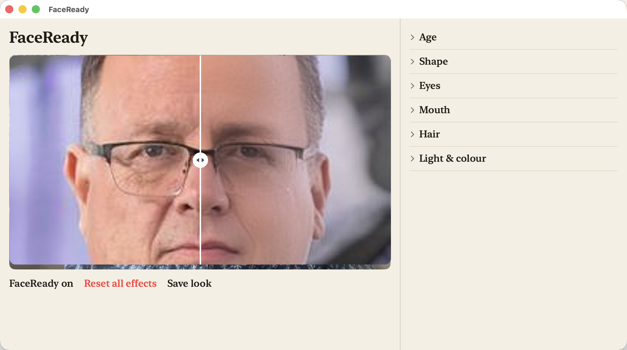 The FaceReady window with the effect visible in the preview