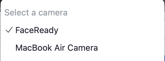 Zoom's camera menu open, with FaceReady selected above MacBook Air Camera